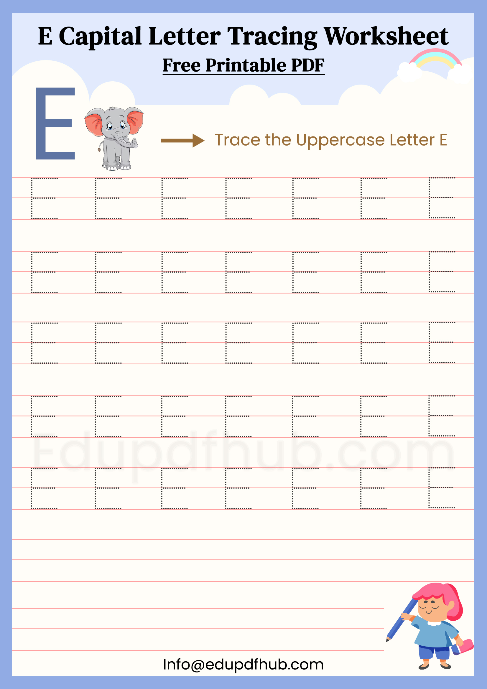 E Capital Letter Tracing Worksheet Printable PDF for Kids